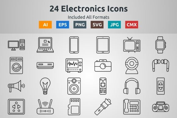 24 Electronics Outline Icons Graphics