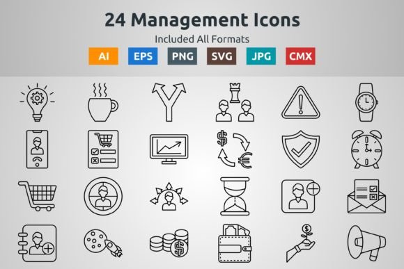24 Management Outline Icons Graphics